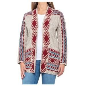 Lucky Brand Long Cardigan Womens Size Medium Aztec Knit Open Front Boho Pockets